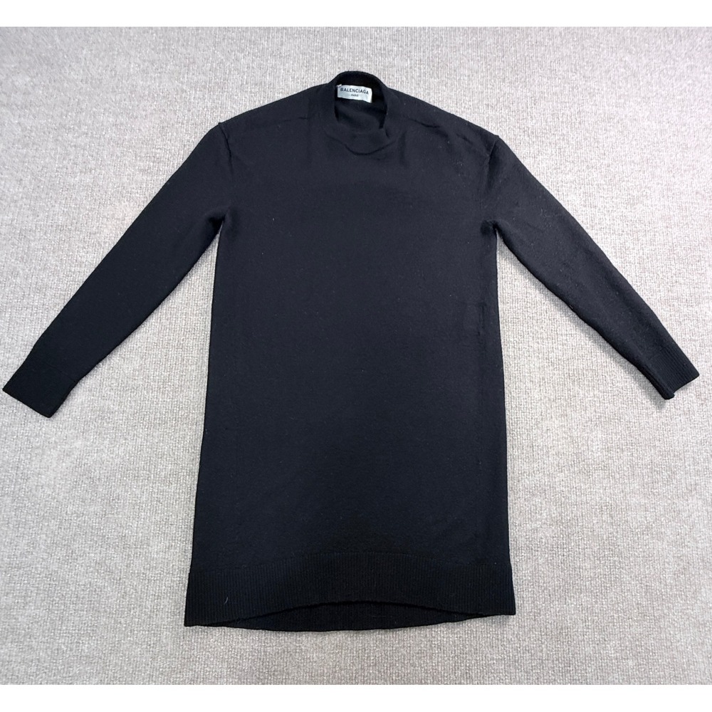Balenciaga Paris Womens Mock Neck Long Sleeve Knit Sweater Dress Black Mini